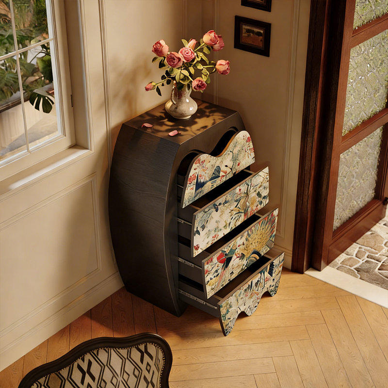 Commode florale en bois massif avec paon