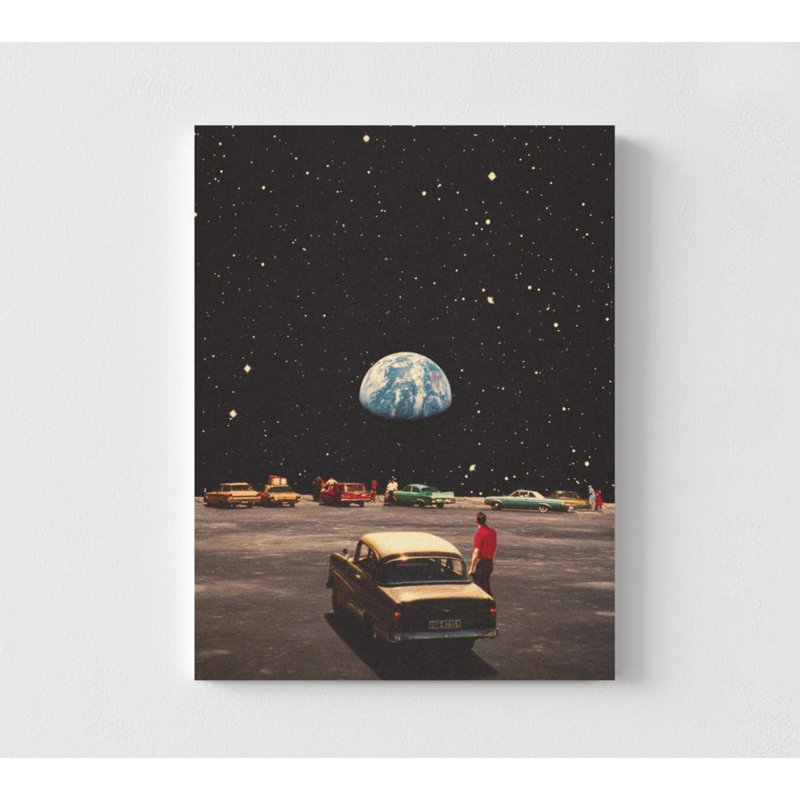 Rétro collage de l'espace - affiche de paysage de lune de voiture rétro avec la terre, Ne s’applique pas, H 16 po x l 12 po