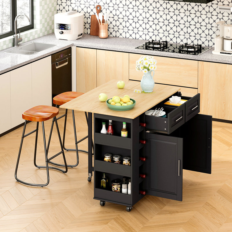 Chariot d'îlot de cuisine multifonctionnel avec tabourets de bar élégants et minimalistes, ensemble combiné, pratique et pratique (îlot de cuisine noir + tabourets de bar bruns)