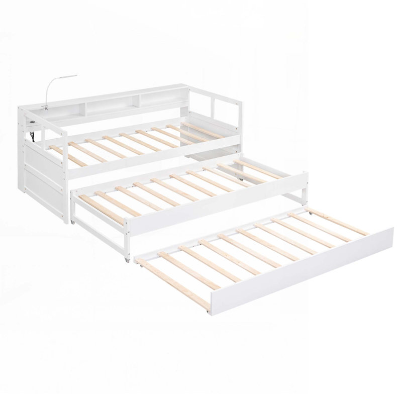 Wood Daybed with 2 Trundles, 3 Storage Cubbies, White