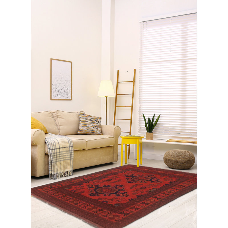 Tapis rouge foncé en laine noué à la main de conception unique 3 pi 3 po x 4 pi 10 po New Forestal