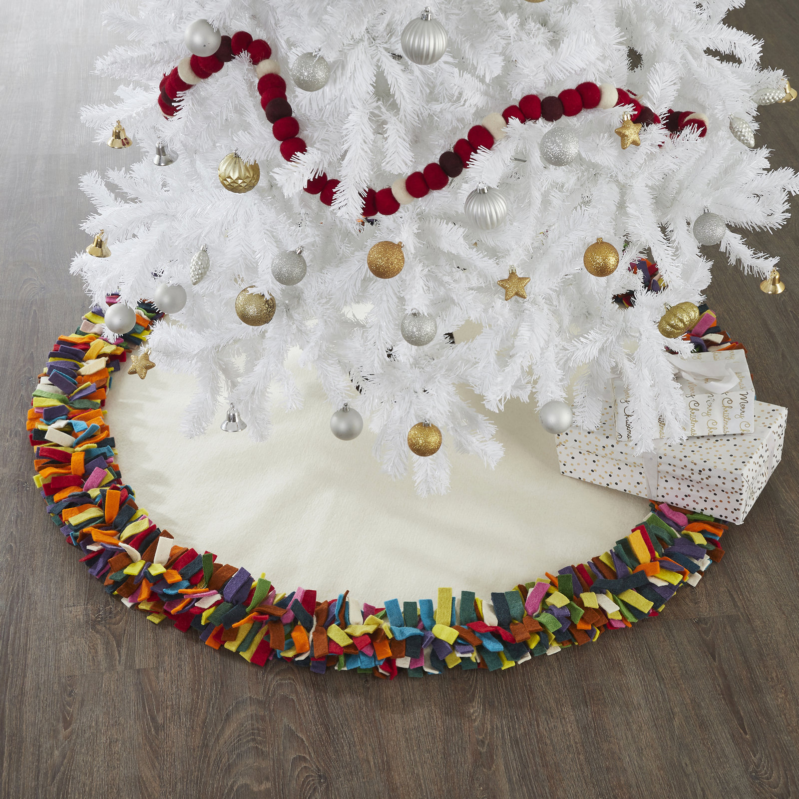 Handmade Fringe Wool Tree Skirt, 64" W, Cream