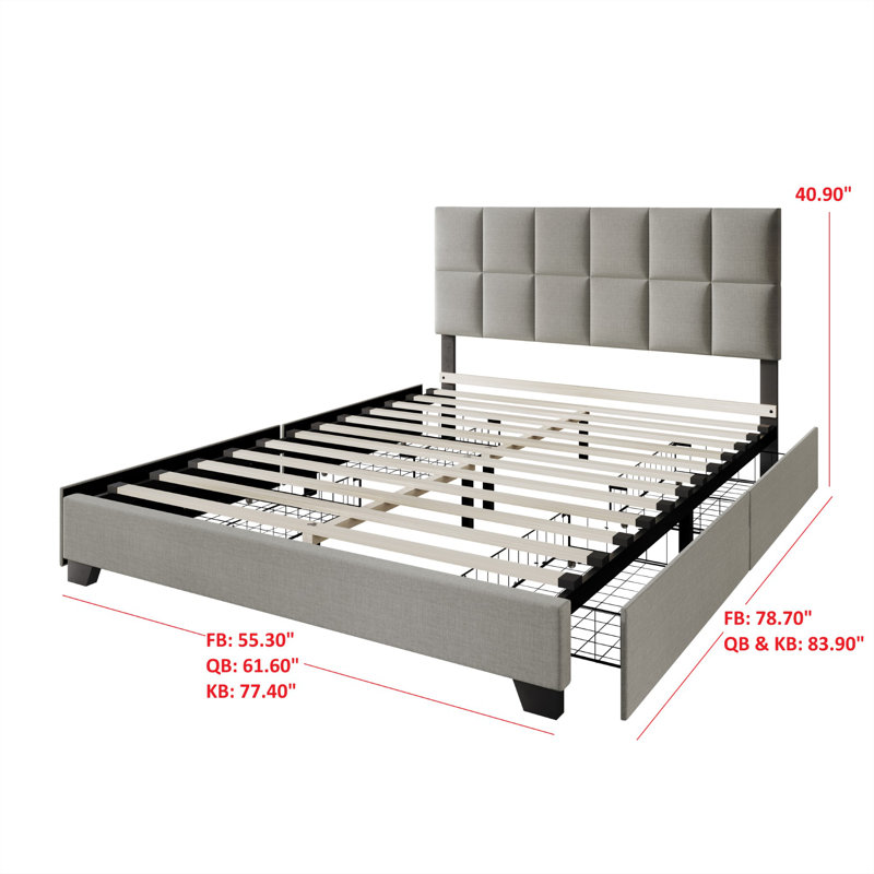 Lit plateforme tapissier avec rangement Lawi, Grand, Gris clair