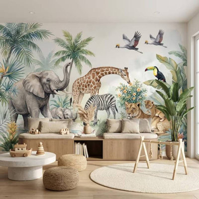 Safari Animals Jungle Nursery Mural Wallpaper with Elephant, Giraffe, Zebra and Lion