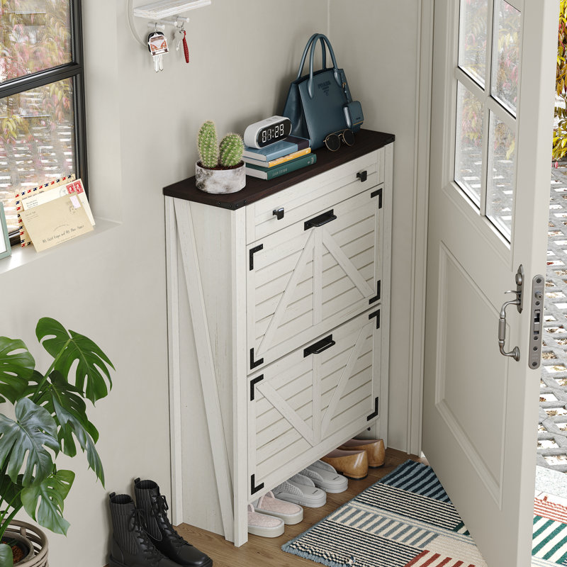 16 Pair Shoe Storage Cabinet with 2 Flip Drawers,Farmhouse Shoe Cabinet for Entryway,Off-White, White/Dark Brown