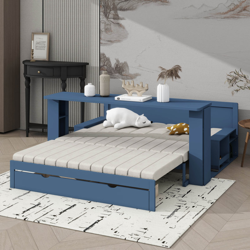Queen Size Wooden Daybed Featuring Storage Drawers, Detachable Desk, And Hydraulic Side Table, Blue, Queen