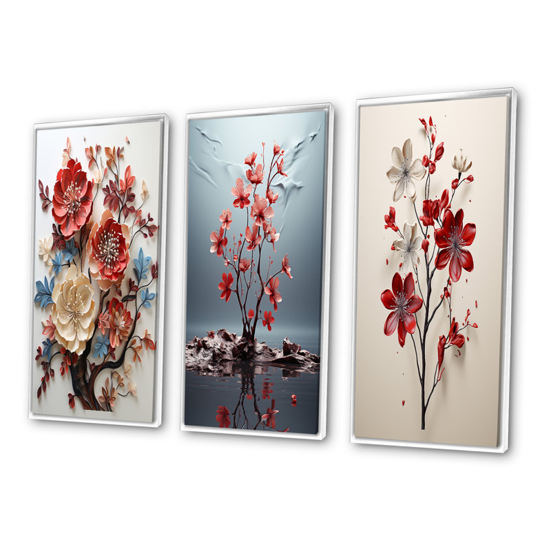 «Red Blue Minimalisme Essence Of Nature», 3 pièces sur toile, Cadre flottant blanc, H 32 po x l 48 po
