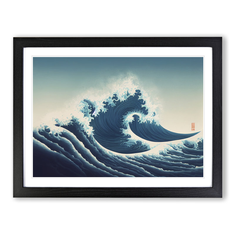 XH1022-4454X Graceful Japanese Wave - Single Picture Frame Print, Black Framed, 46cm H x 64cm W x 2cm D