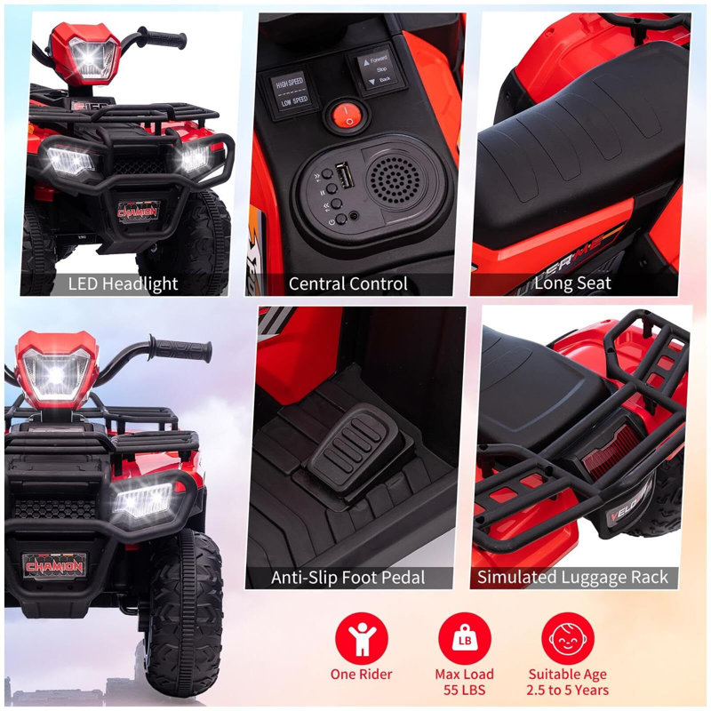 Red 12V Kids Quad ATV with LED Lights and Music
