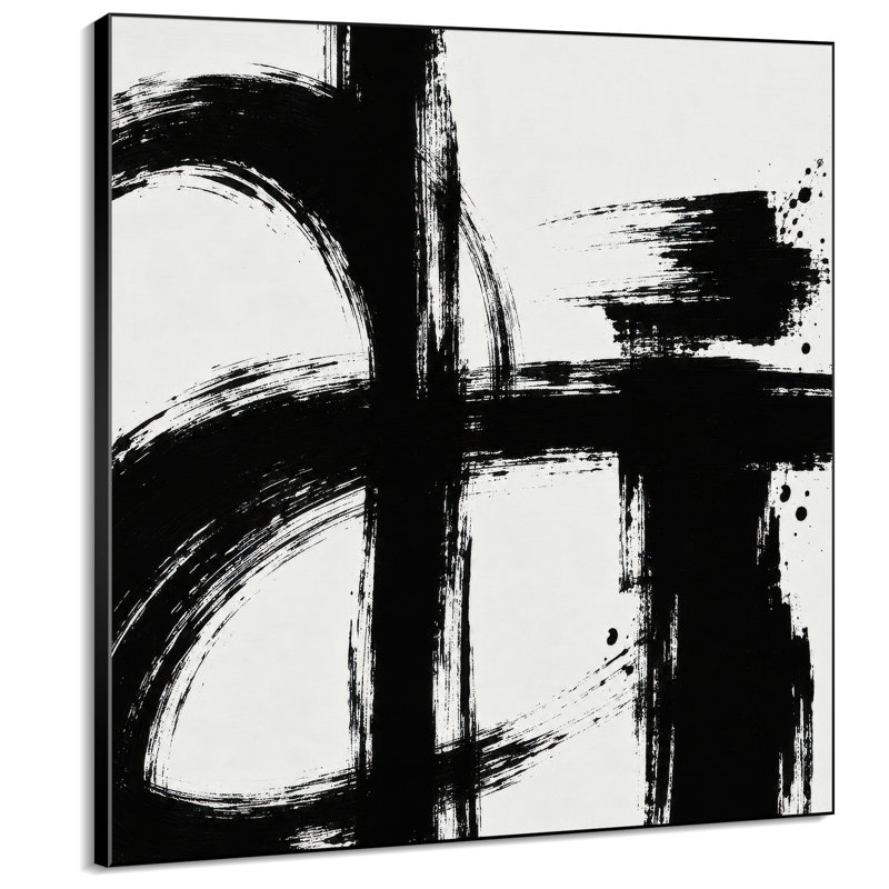Impression sur tissu grand format - Motif abstrait expressif noir et blanc pour salon ou chambre - « Assemblage du cadre requis (cadre non fini) »