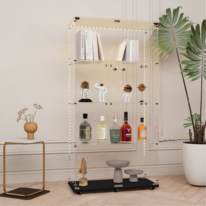 Vitrine en verre trempé, armoire à vin, armoire de rangement, classeur, avec bande DEL Bluetooth, peut être contrôlée par une télécommande ou une application mobile, roulettes pivotantes, peut être placée n'importe où