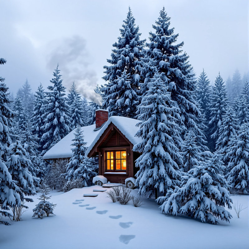 Enchanted Winter Cabin: Serene Snowscape Canvas Print, 40" H x 40" W
