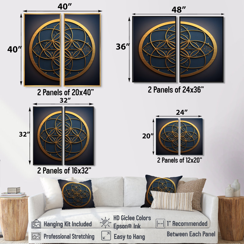 Sacrement de la géométrie sacrée bleue - reproduction d'art moderne sur toile, 40" H x 40" W, Impression encadrée flottante