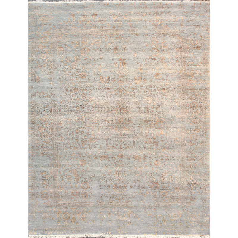 Tapis transitionnel bleu / doré en rayonne de bambou et laine, Rectangle 7 pi 9 po x 10 pi