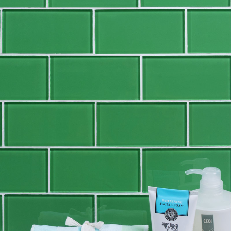 Premium 3" x 6" Straight Edge Glass Mosaic Subway Tile, Emerald Green