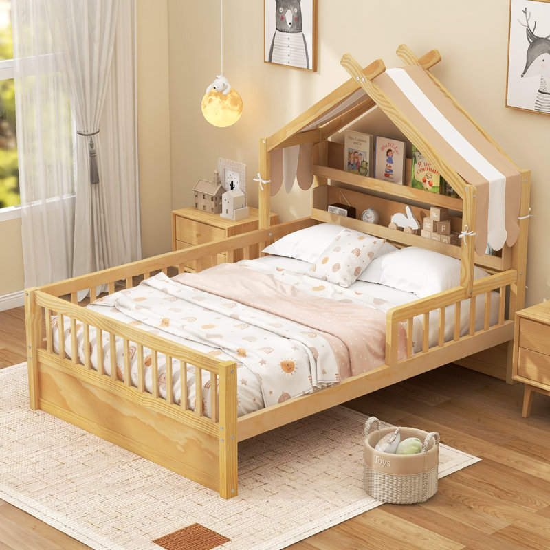 Lit simple en bois avec tablette de tête de lit, finition naturelle, Naturel, Lit simple