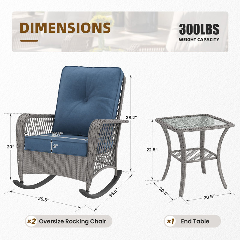 Oversized Outdoor Rocking Chair 3-Piece Set with Cushions & Glass Side Table, Blue Cushion/Gray Frame