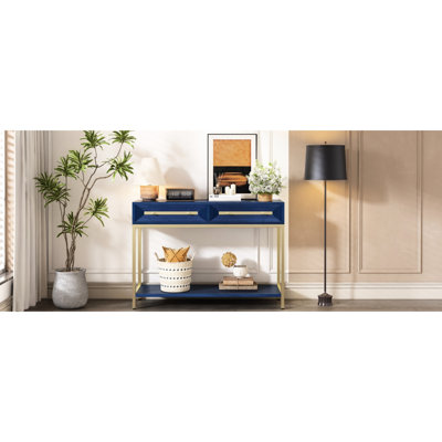 Table d'entrée de style rétro avec tiroirs, console à motif géométrique de couleur bleu marine, deux