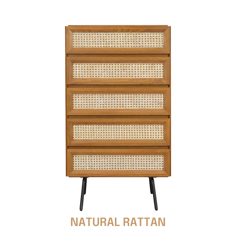 NTC Lulu Dresser Storage Cabinet with Natural Rattan, Modern Vertical Chest of Drawers, Stylish Bedroom, Mid-Century Style Organizer for Clothes and Accessories, Easy Assembly