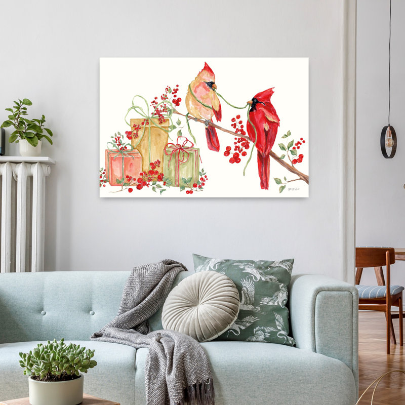 Winterberry Tidings V, art contemporain d'oiseaux d'hiver, H 36 po x l 24 po