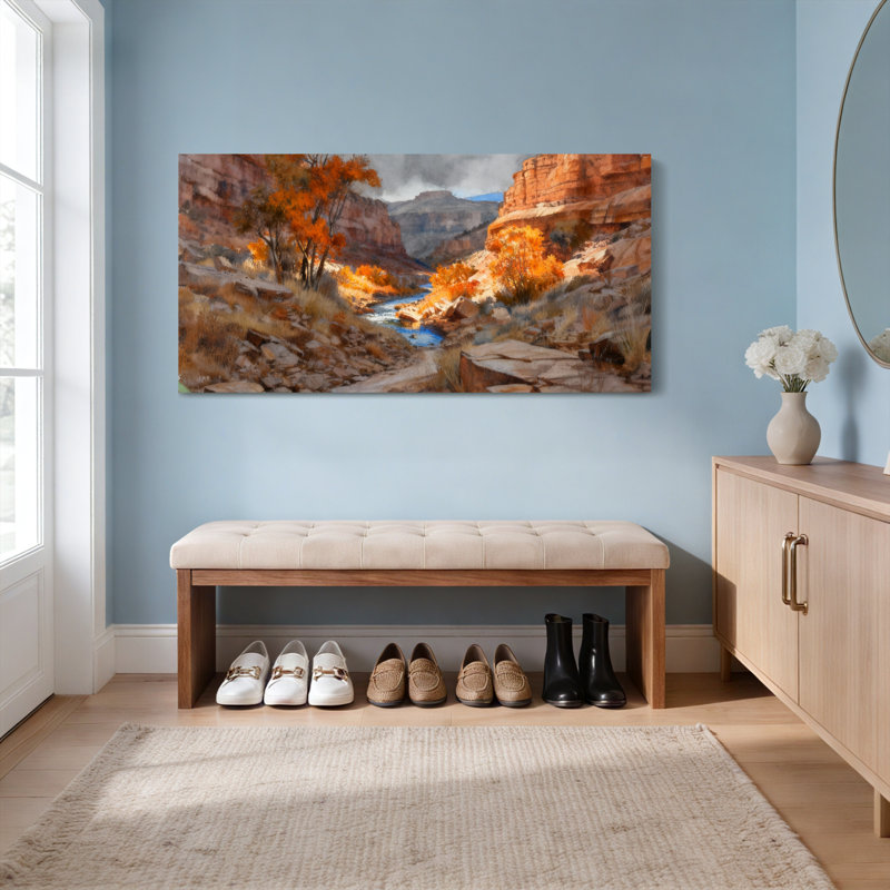 Tableau sur toile tendue représentant un paysage de canyon d'automne, H 28 po x l 58 po