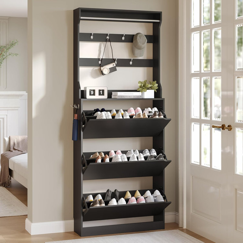 Black Tall Shoe Cabinet with Coat Rack - Hidden Storage with Doors, Drawer, Hanging Bar & Hooks for Entryway