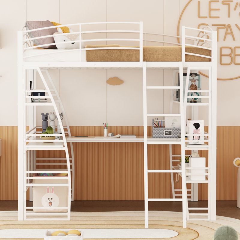 Lit mezzanine avec 4 niveaux de tablettes et bureau en L, Lit double, White