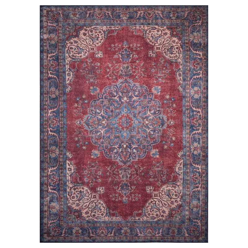 Tapis oriental en polyester tissé à la machine bleu / rouge / rose Gutierrez, Rectangle 4 pi 11 po x 7 pi 7 po
