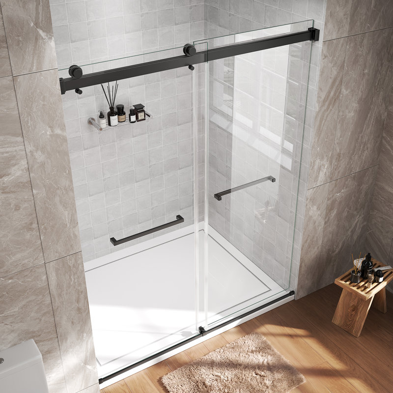44–48" W x 76" H Modern Frameless Double Sliding Shower Door Tempered Glass and Stainless Steel Hardware, Matte Black