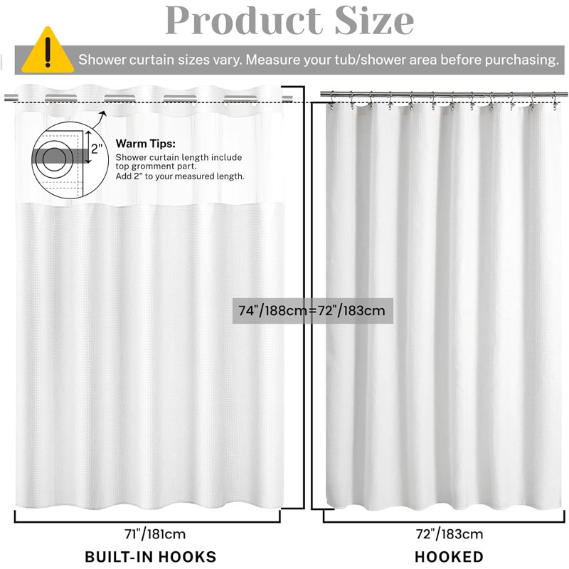 No Hook Shower Curtain With Snap In Liner Set Waffle Shower Curtain Fabric Waterproof Inner Liner 71" W X 74" H White