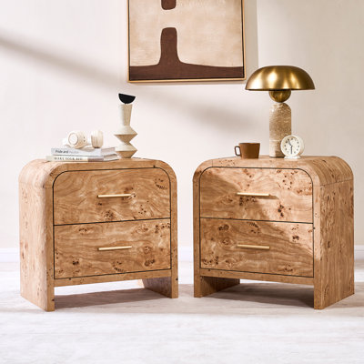 Light Burlwood Nightstand With Curved Corner, 1.18In Thick Engineered Wood, Champagne Gold Handles