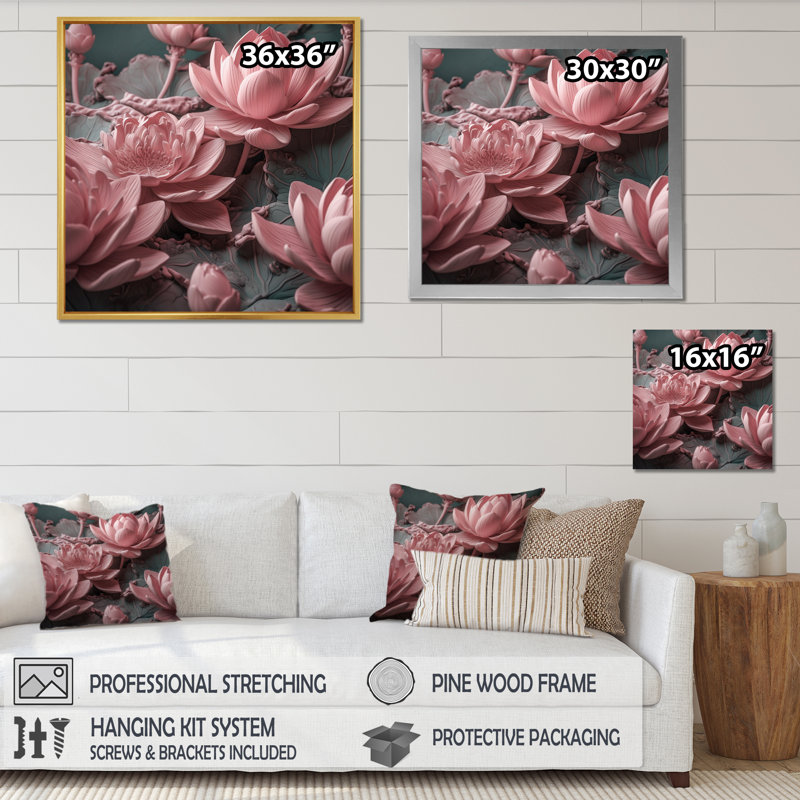 Fleur de lotus rose délicat sur toile, Toile tendue, H 36 po x l 36 po x P 1,5 po