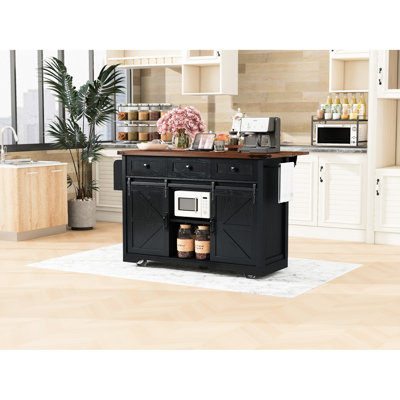 Îlot de cuisine de 54,13 po avec 2 portes de grange coulissantes, 3 tiroirs, prise de courant, 5 roulettes universelles et tablettes réglables pour abattant de 53,7 po de largeur rectangulaire rectangulaire de 47 W, prise de rangement dans la salle à manger