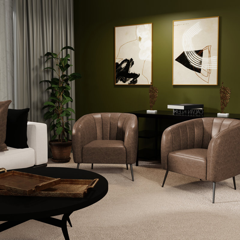 Samouri Modern Channel Tufted Barrel Accent Chair, Distressed Brown Faux Leather