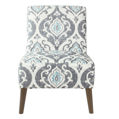 Armless Accent Chair, Vintage Medallion Print, Blue White Polyester