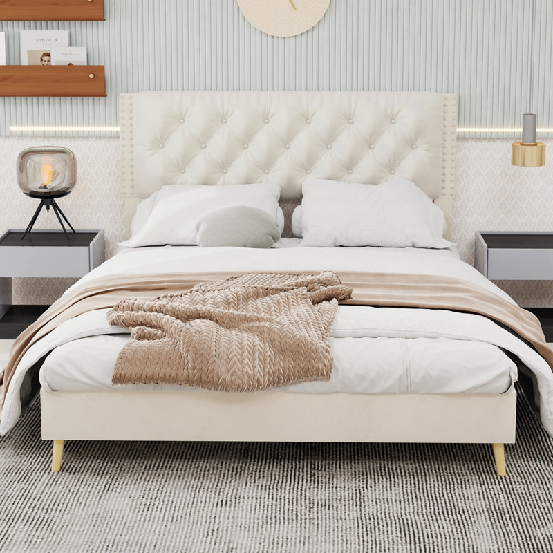 Lit rembourré en velours avec tête de lit capitonnée, Beige, Queen