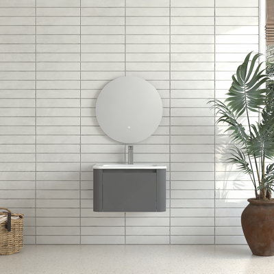 24" Grey Wall Mounted Bathroom Vanity With Basin Floating Vanity Drawer Bathroom Cabinet With White Ceramic Integrated Basin
