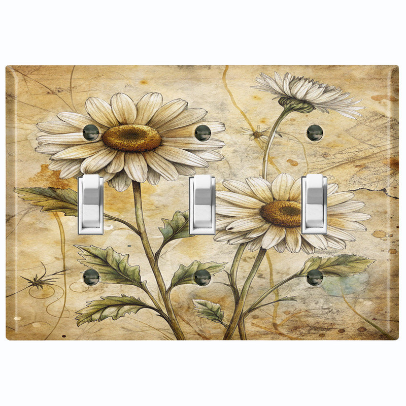Metal Light Switch Plate Cover; US Standard Size 3 Gang Toggle - Rustic Daisies, #3 Triple Toggle