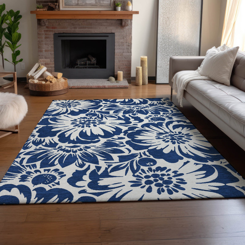 Tapis bleu marine Cerrito AMF551 lavable à la machine de qualité supérieure, Rectangulaire 8 pi x 10 pi