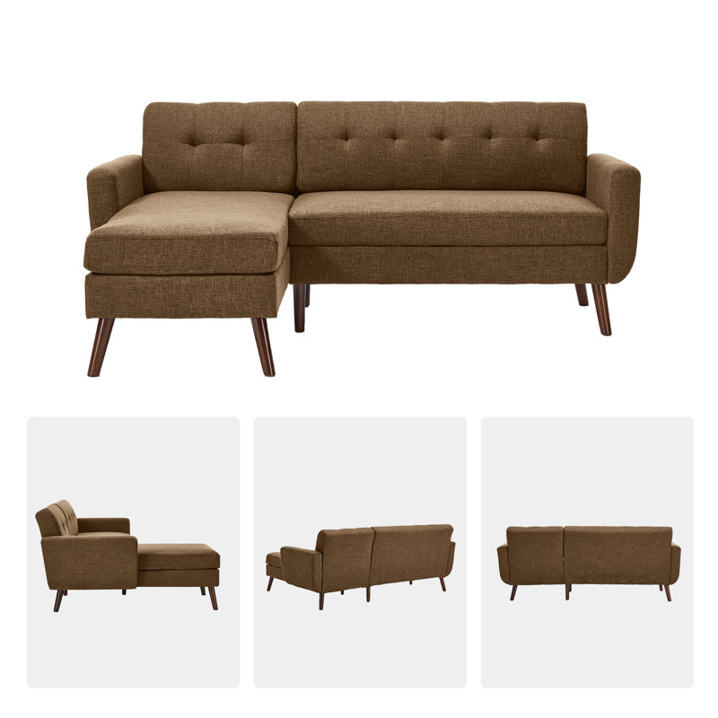 80" Mid Century Modern L Chaise Longue 2 Piece Upholstered Sectional Sofa with Storage Function, Brown Linen