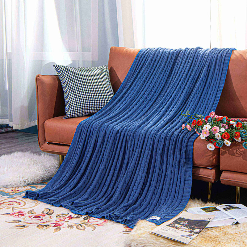 Couverture en coton tricoté , L 67 po x l 51 po, Bleu de cobalt