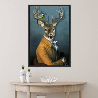 Reproduction d'art sur toile imprimée: Cerf avec oiseau dans la nature, toile noire encadrée 1P