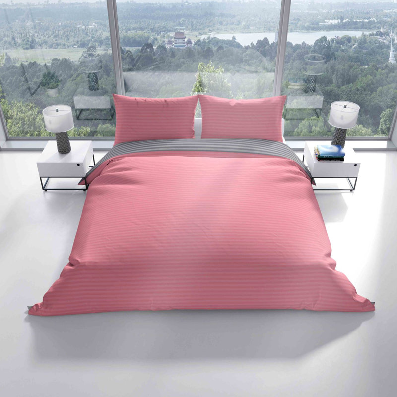 Lonetta Bed Linen Set with Pillowcase, 135 x 200cm + 1 Pillowcase (80 x 80cm), Pink/Grey