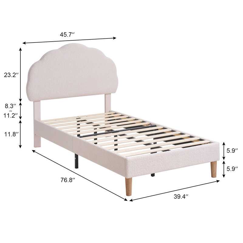 Structure de lit simple avec tête de lit en molleton réglable Cimahi, lit plateforme tapissier avec support à lattes, Beige