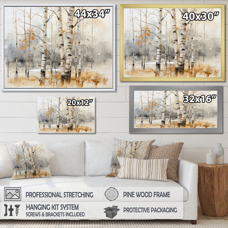 «Winter Birch Wood Forest I - Tree Birch», art mural, Cadre doré à coins fermés, H 24 po x l 32 po x P 1 po