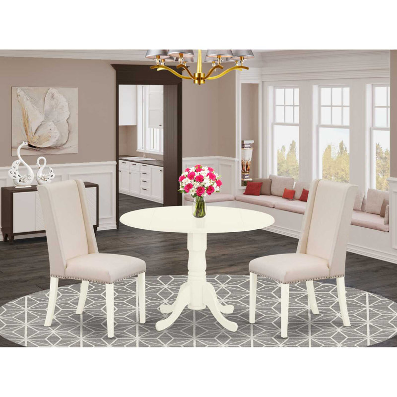 L'ensemble de table de cuisine 3 pièces comprend une table de salle à manger ronde avec Dropleaf et 2 chaises rembourrées en tissu crème, lin blanc