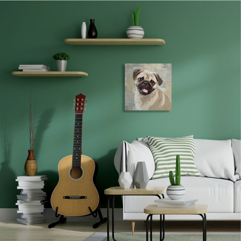 «Happy Pug Dog Beige Gray Patchwork» par Keri Rodgers - impression d'art graphique, Wrapped Canvas