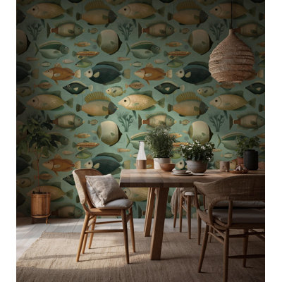 Vintage Fish Pattern Wall Mural | Coastal Sage Green Wallpaper | Non-Woven or Peel and Stick