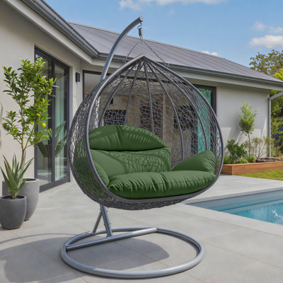 2-Person Teardrop Hanging Egg Chair with Steel Stand & Cushions – All-Weather Wicker Double Swing Loveseat for Indoor & Outdoor Patio