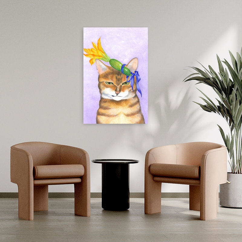 Jasper Cat And Courgette Hat Whimsical Contemporary Cat Flower Portrait Wall Art Print 1 Piece Wrapped Canvas Wall Art